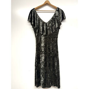 PPLA Crushed Green Velvet Dress Womens Small V neck Ruffle Sleeveless